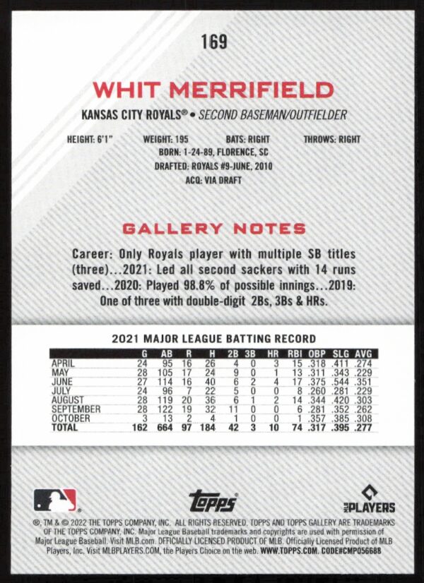 2022 Topps Gallery Whit Merrifield #169 (Back)