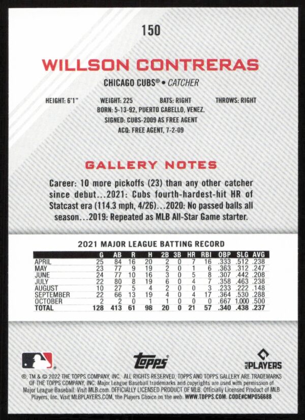 2022 Topps Gallery Willson Contreras #150 (Back)