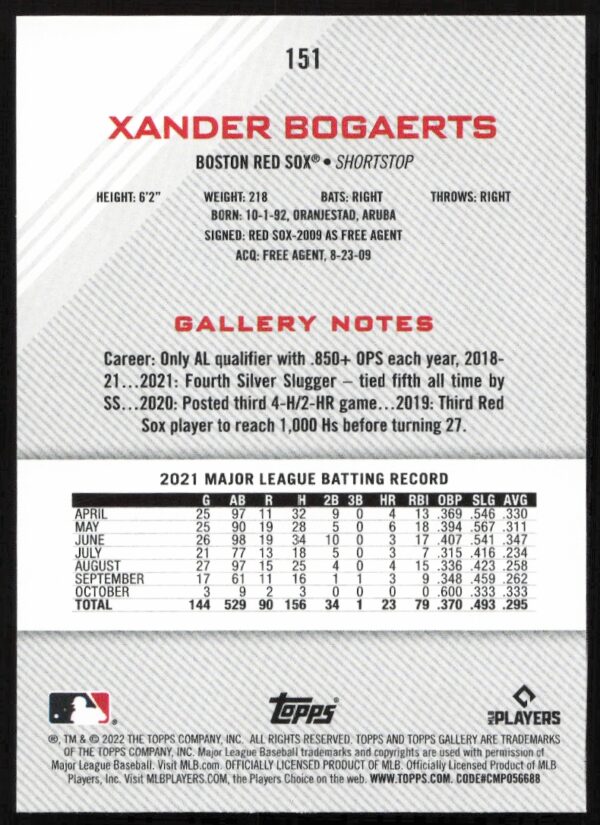 2022 Topps Gallery Xander Bogaerts #151 (Back)