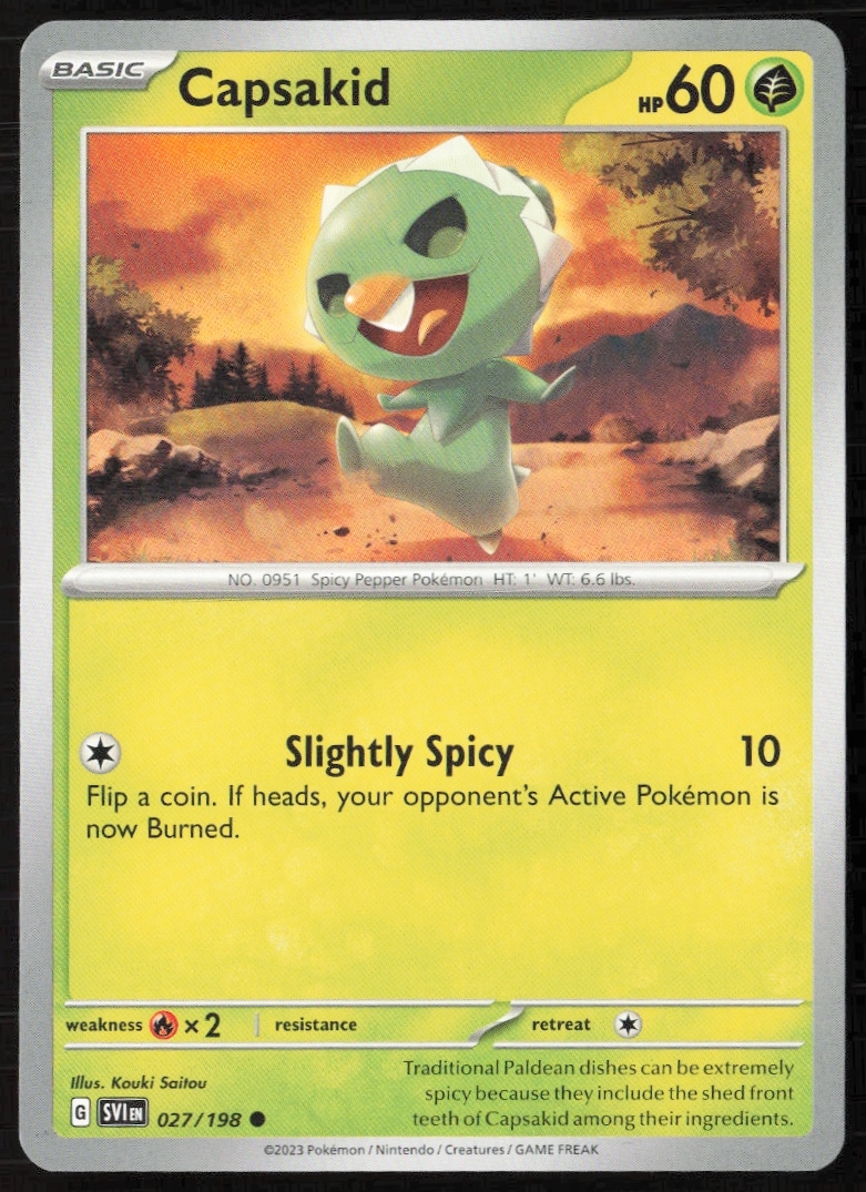 2023 Pokémon Scarlet & Violet trading card featuring a jubilant Capsakid.