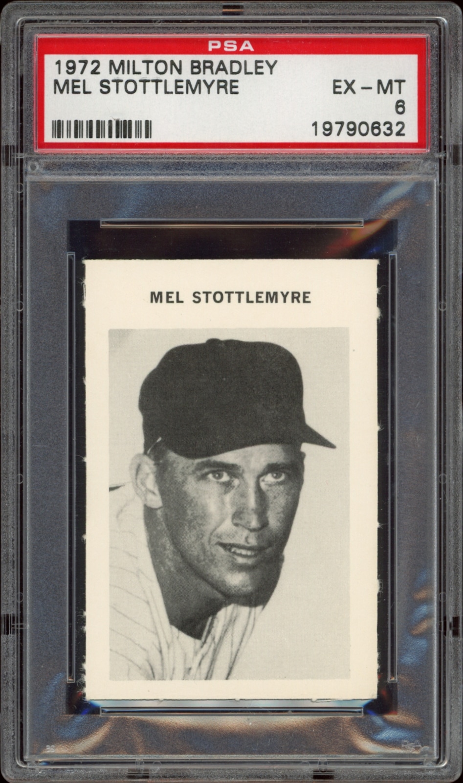 PSA 6 graded 1972 Milton Bradley card featuring baseball player Mel Stottlemyre.