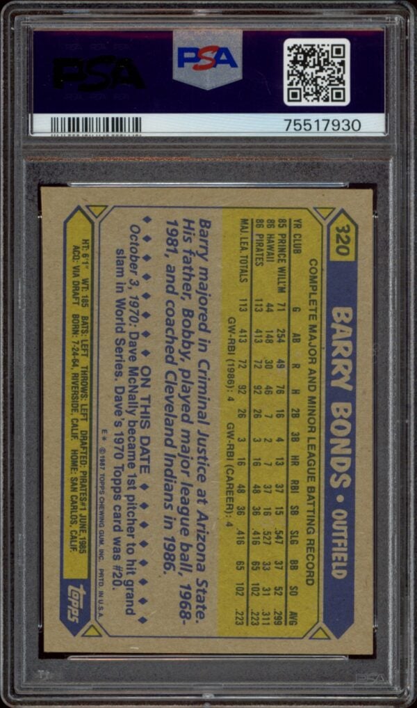 Graded 1987 Topps Barry Bonds #320 baseball card, authenticated by PSA, in plastic case.