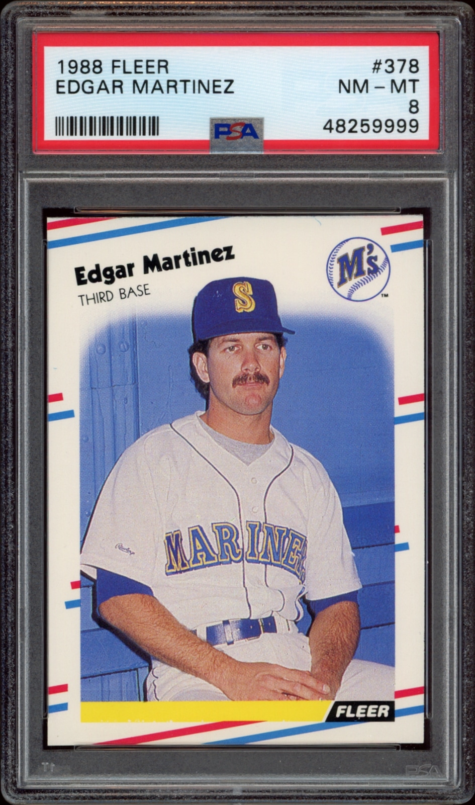 Graded 1988 Fleer baseball card featuring Edgar Martinez, Seattle Mariners star, rated NM-MT 8 by PSA.