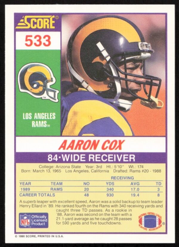 1989 Score Aaron Cox #45 (Back)