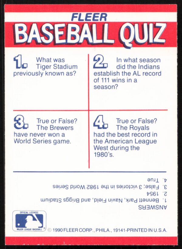 1990 Fleer AL: Cleveland Indians / Detroit Tigers / Kansas City Royals / Milwaukee Brewers Action Series Team Stickers #NNO (Back)