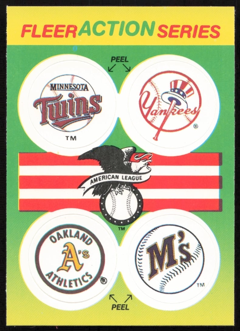 1990 Fleer AL: Minnesota Twins / New York Yankees / Oakland Athletics / Seattle Mariners Action Series Team Stickers #NNO (Front)