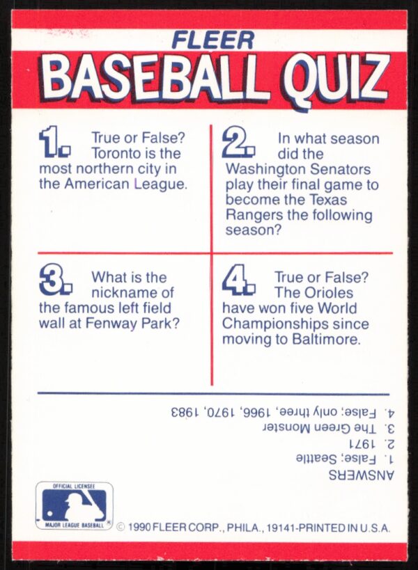 1990 Fleer AL: Texas Rangers / Toronto Blue Jays / Baltimore Orioles / Boston Red Sox Action Series Team Stickers #NNO (Back)