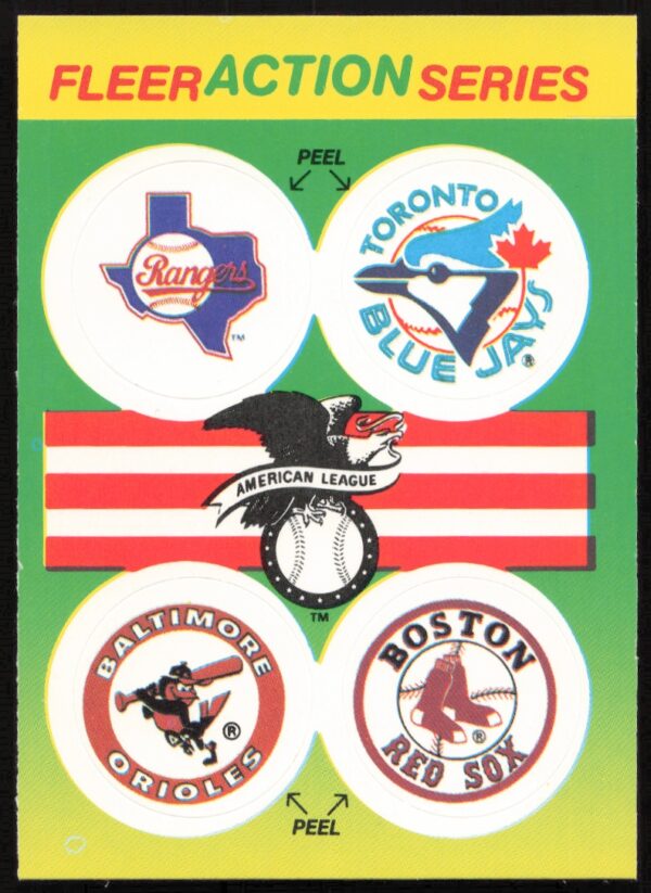 1990 Fleer AL: Texas Rangers / Toronto Blue Jays / Baltimore Orioles / Boston Red Sox Action Series Team Stickers #NNO (Front)