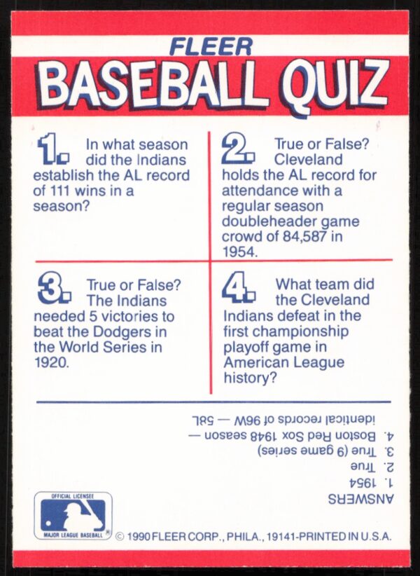 1990 Fleer Cleveland Indians Action Series Team Stickers # (Back)