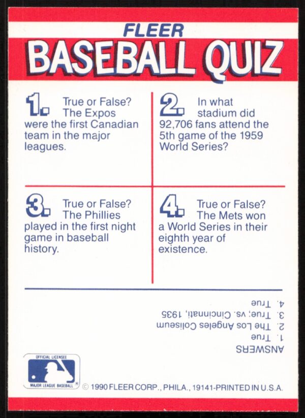 1990 Fleer NL: Los Angeles Dodgers / Montreal Expos / New York Mets / Philadelphia Phillies Action Series Team Stickers #NNO (Back)