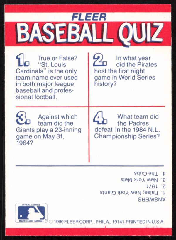 1990 Fleer NL: Pittsburgh Pirates / St. Louis Cardinals / San Diego Padres / San Francisco Giants Action Series Team Stickers #NNO (Back)