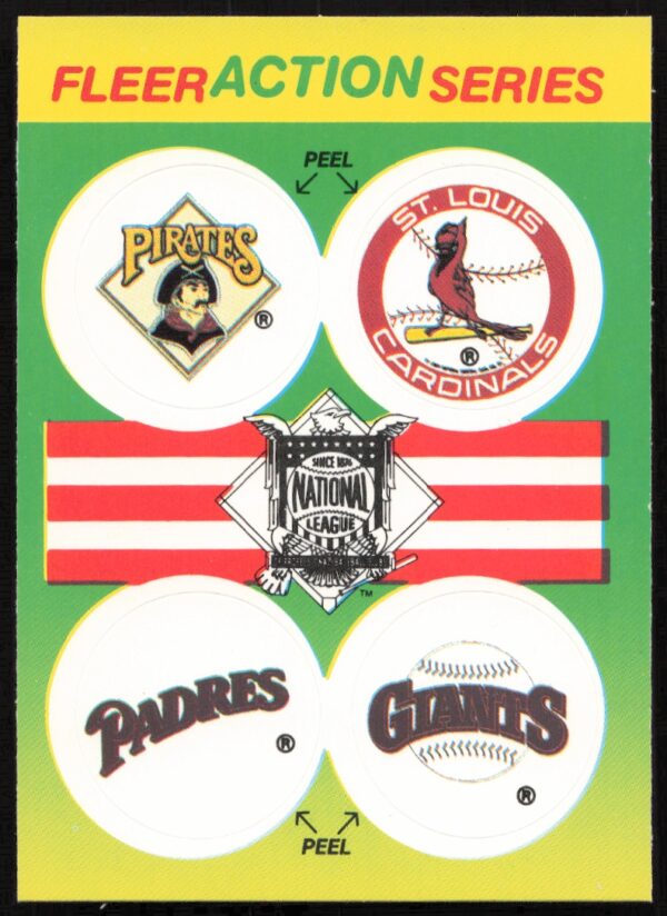 1990 Fleer NL: Pittsburgh Pirates / St. Louis Cardinals / San Diego Padres / San Francisco Giants Action Series Team Stickers #NNO (Front)