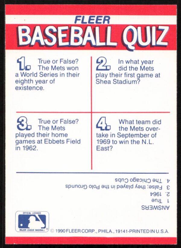 1990 Fleer New York Mets Action Series Team Stickers # (Back)