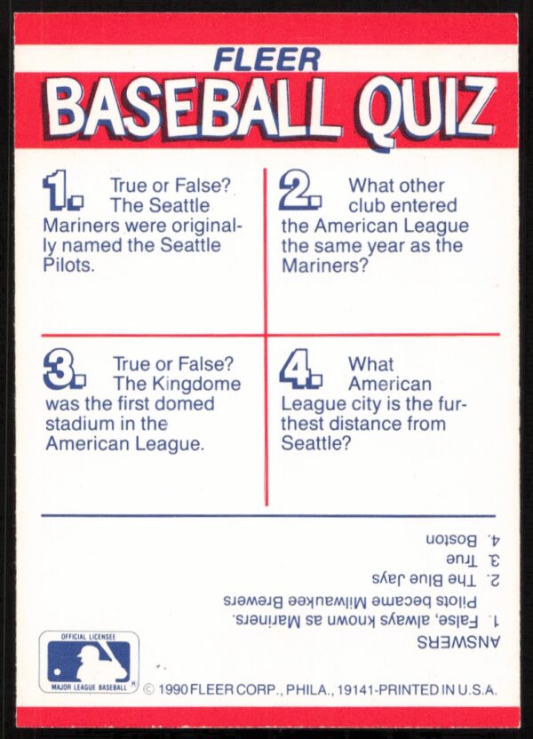 1990 Fleer Seattle Mariners Action Series Team Stickers # (Back)