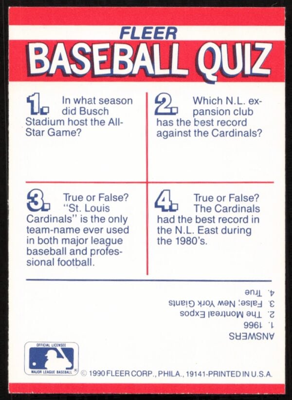 1990 Fleer St. Louis Cardinals Action Series Team Stickers #NNO (Back)