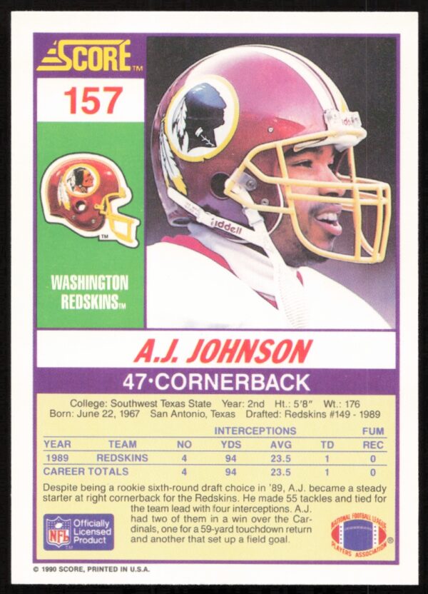 1990 Score A.J. Johnson #157 (Back)