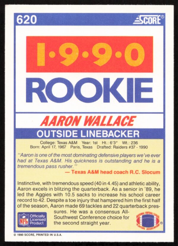 1990 Score Aaron Wallace #620 (Back)