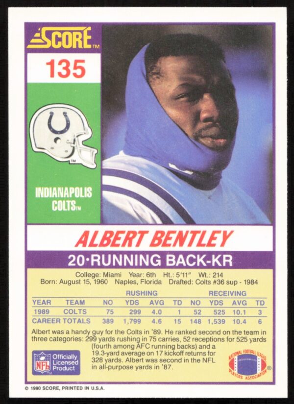 1990 Score Albert Bentley #135 (Back)