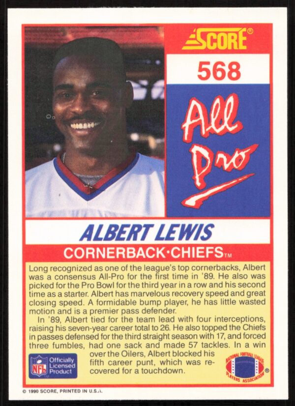 1990 Score Albert Lewis #568 (Back)