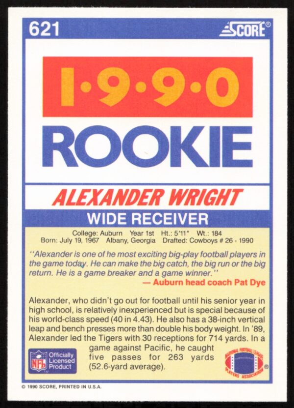 1990 Score Alexander Wright #621 (Back)