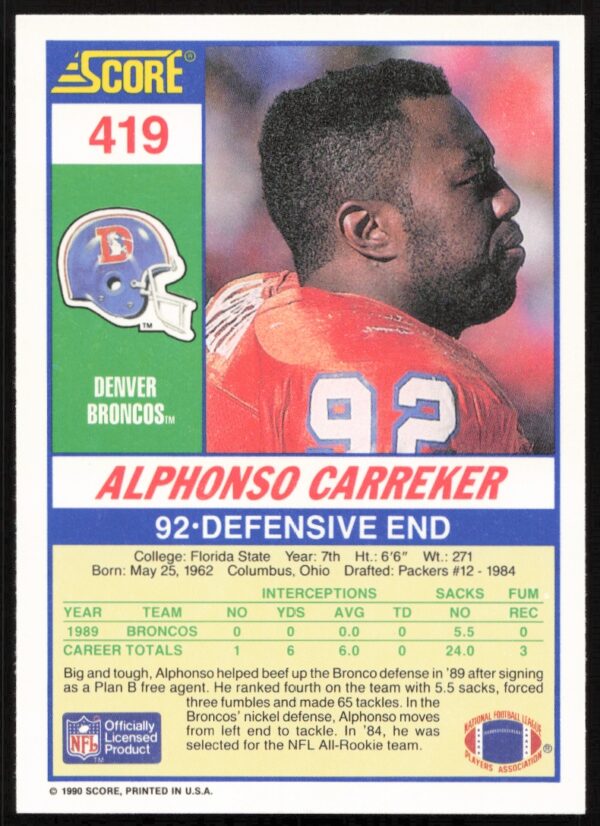 1990 Score Alphonso Carreker #419 (Back)