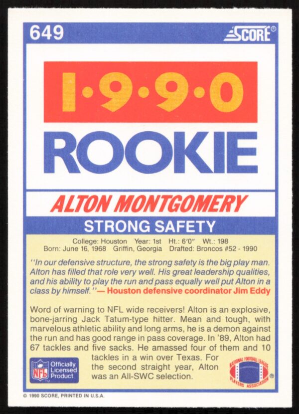 1990 Score Alton Montgomery #649 (Back)