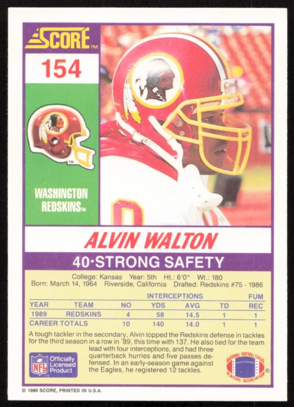 1990 Score Alvin Walton #154 (Back)