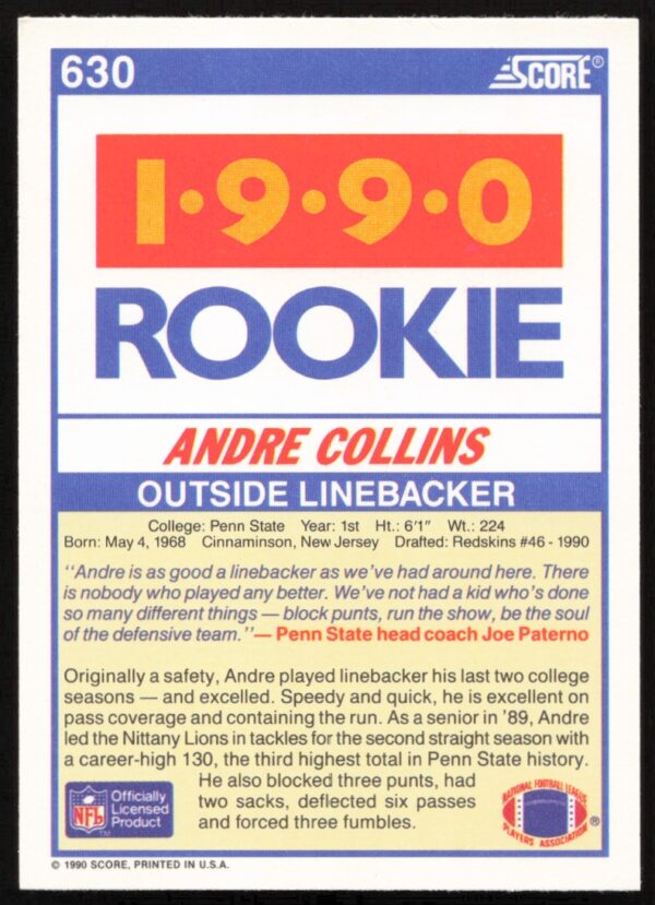 1990 Score Andre Collins #630 (Back)