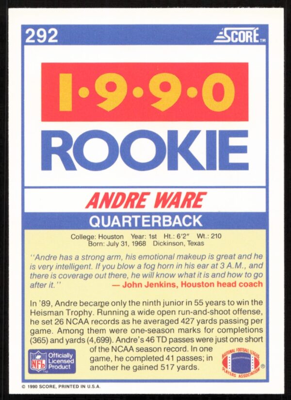 1990 Score Andre Ware #292 (Back)