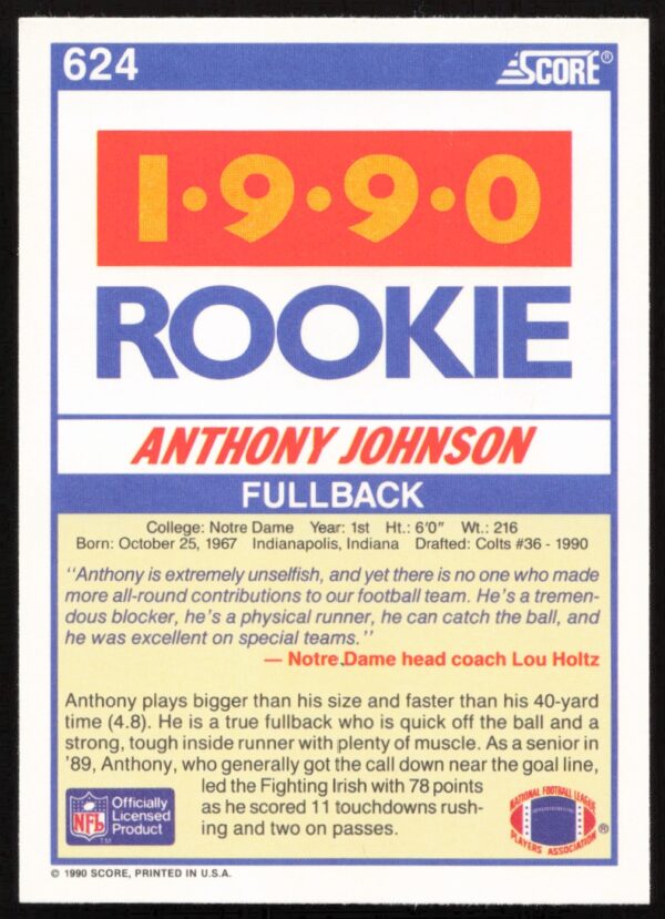 1990 Score Anthony Johnson #624 (Back)