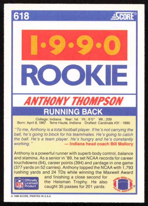 1990 Score Anthony Thompson #618 (Back)