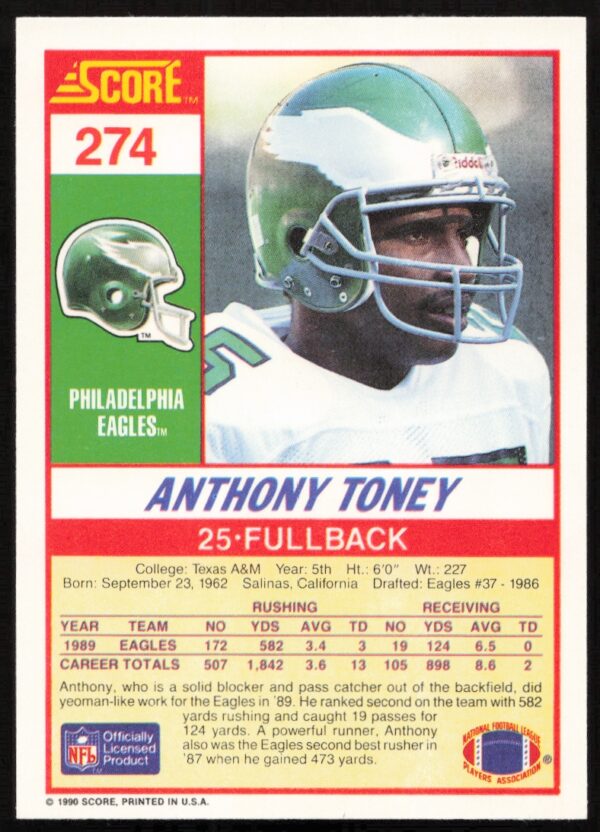 1990 Score Anthony Toney #274 (Back)