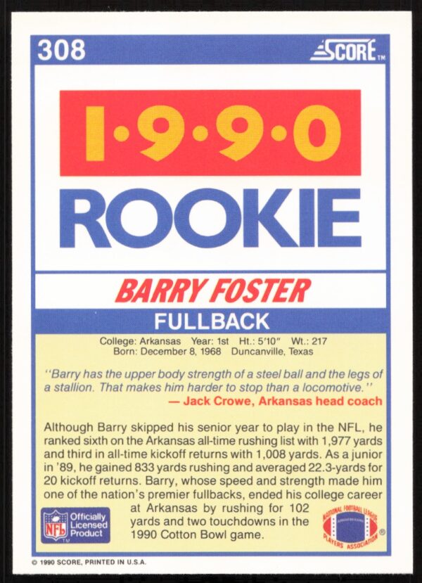 1990 Score Barry Foster #308 (Back)