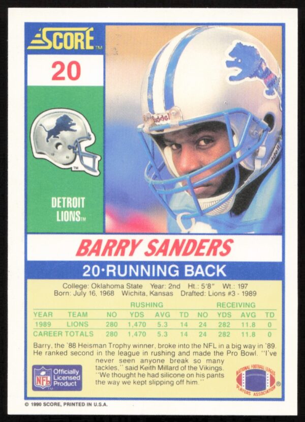 1990 Score Barry Sanders #20 (Back)