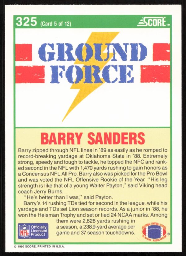 1990 Score Barry Sanders #325 (Back)