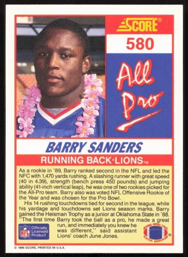 1990 Score Barry Sanders #580 (Back)