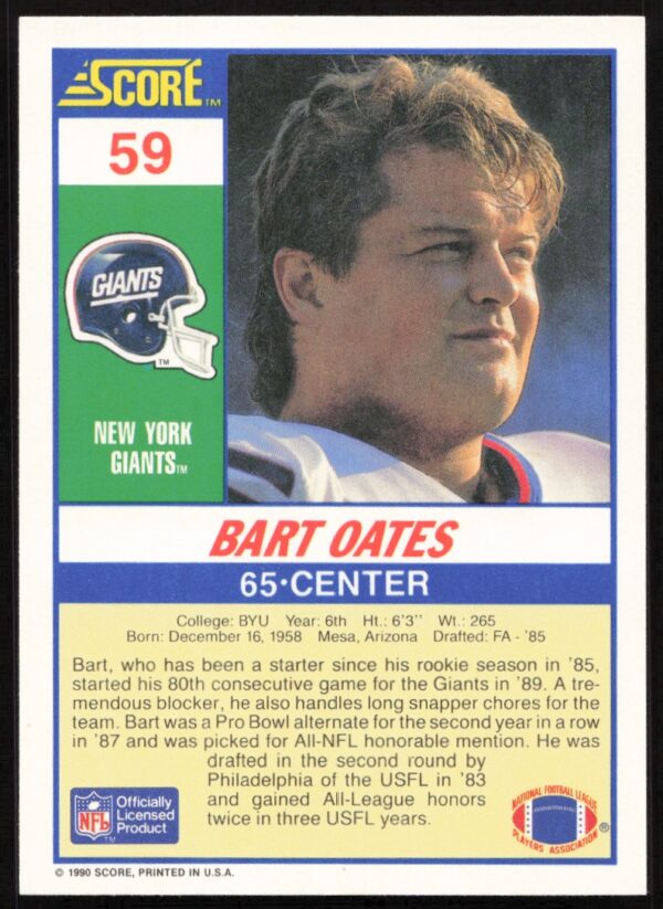 1990 Score Bart Oates #59 (Back)