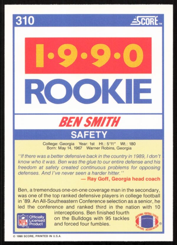 1990 Score Ben Smith #310 (Back)