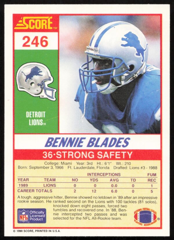 1990 Score Bennie Blades #246 (Back)