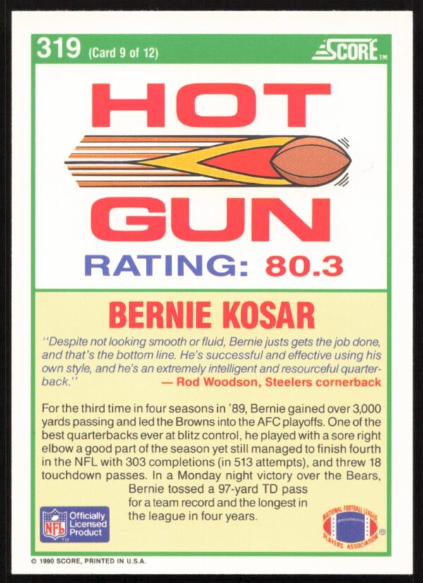 1990 Score Bernie Kosar #319 (Back)