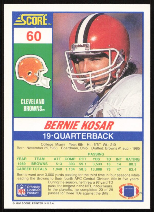 1990 Score Bernie Kosar #60 (Back)