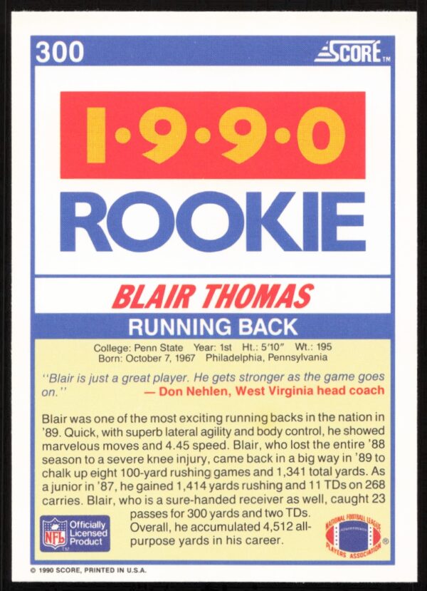 1990 Score Blair Thomas #300 (Back)