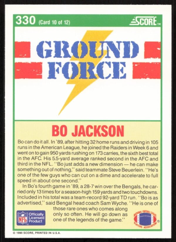 1990 Score Bo Jackson #330 (Back)