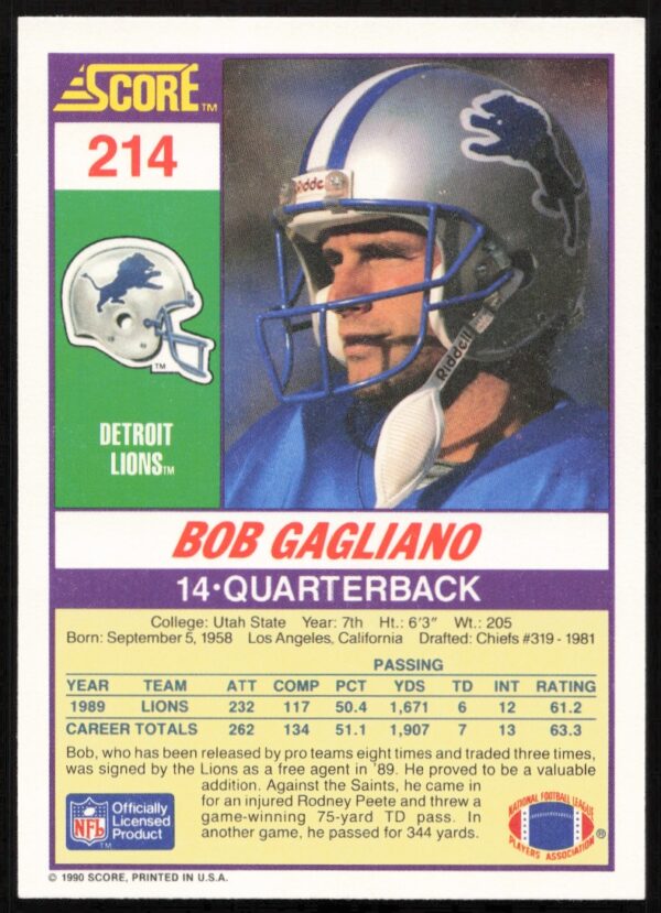 1990 Score Bob Gagliano #214 (Back)