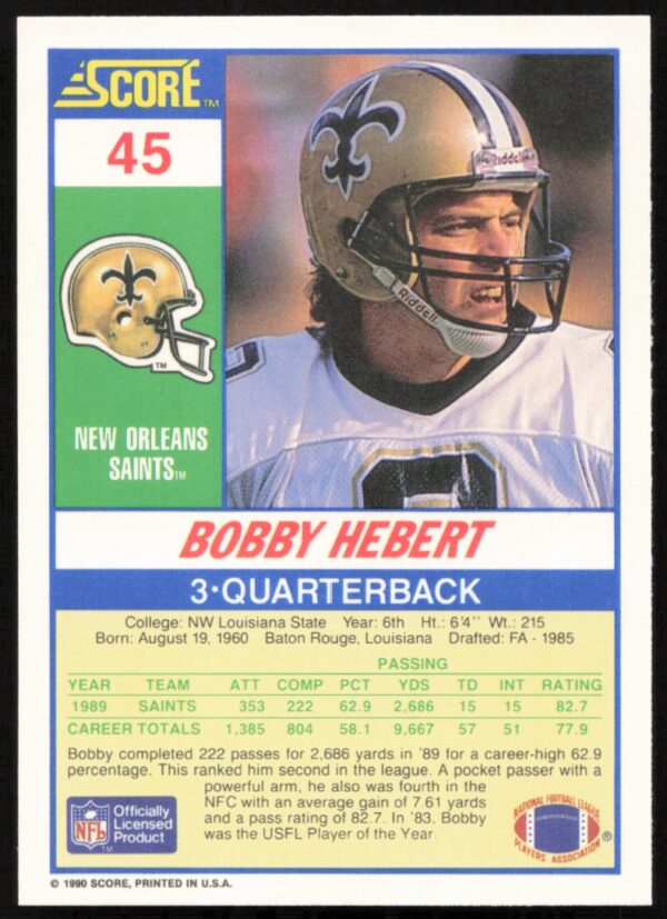 1990 Score Bobby Hebert #45 (Back)