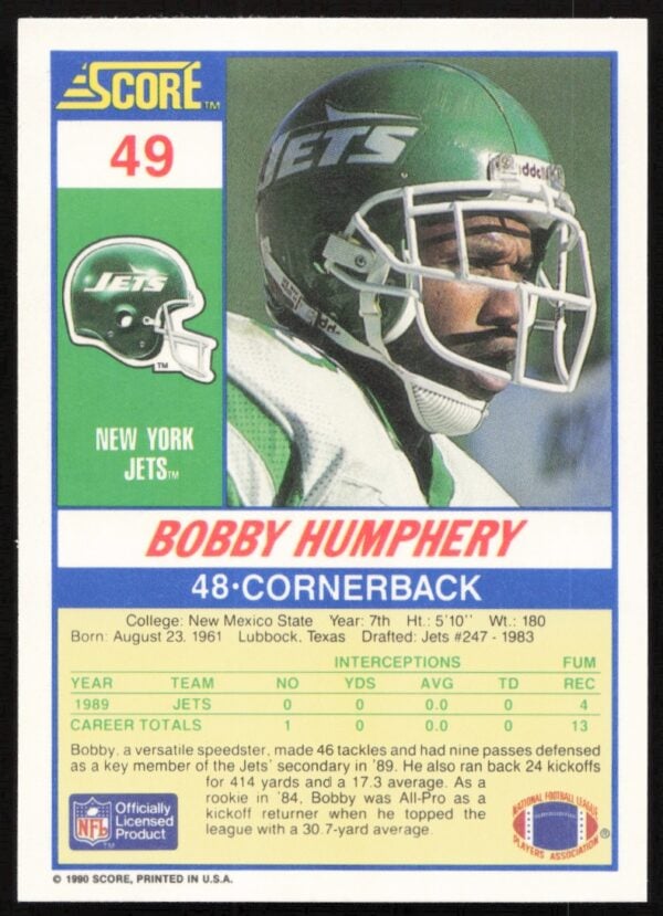 1990 Score Bobby Humphery #49 (Back)