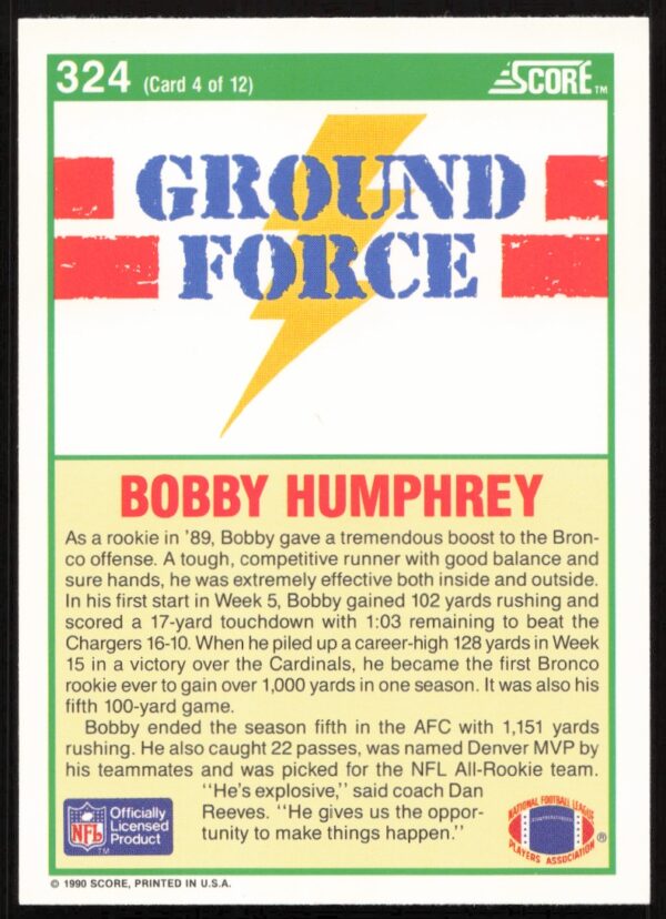 1990 Score Bobby Humphrey #324 (Back)