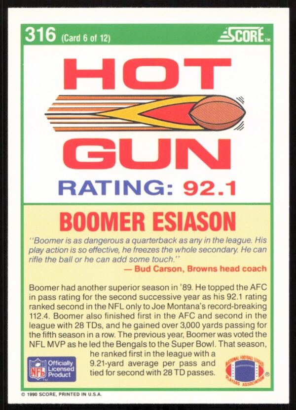 1990 Score Boomer Esiason #316 (Back)