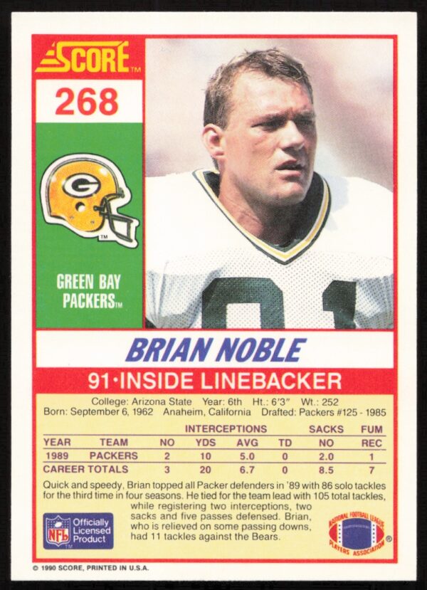 1990 Score Brian Noble #268 (Back)