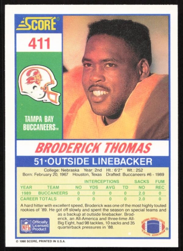 1990 Score Broderick Thomas #411 (Back)